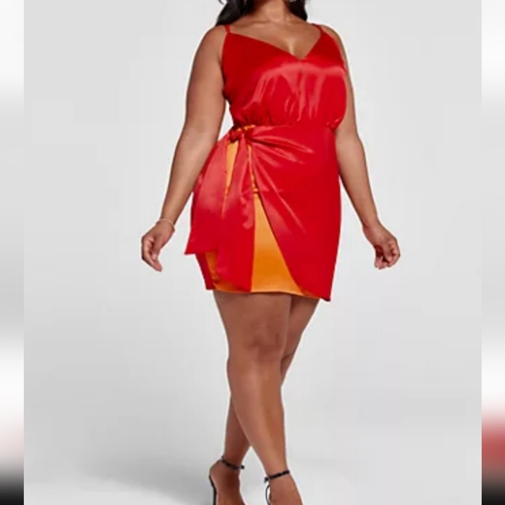 Fashion To Figure × Nadia Aboulhosn Red & Orange Strappy Satin Mini Dress 2X NWT